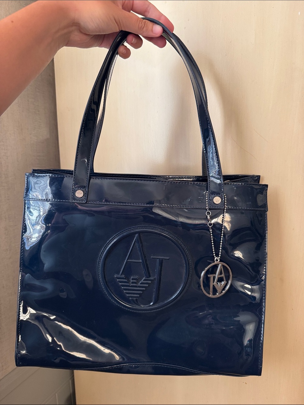 Armani Jeans Glossy Navy Patent Tote with Logo Charm